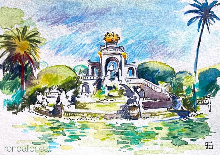 Aquarel·la de la cascada monumental del parc de la Ciutadella de Barcelona.