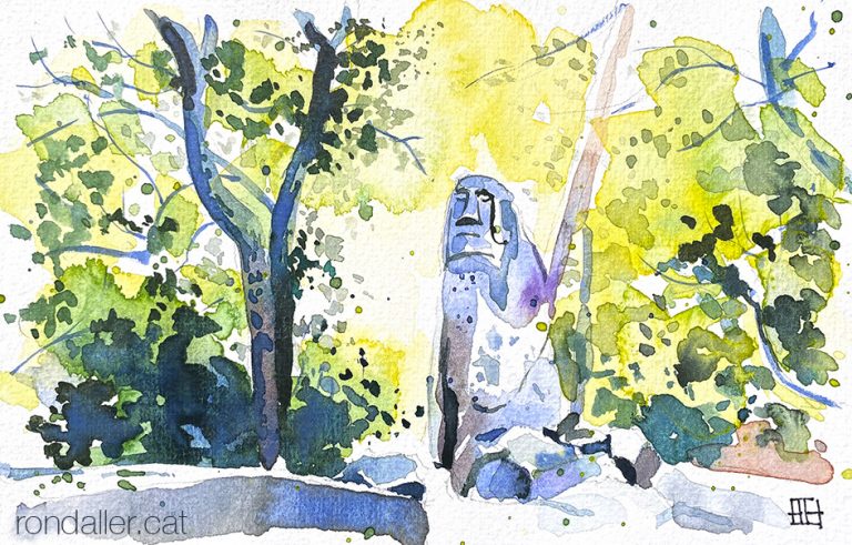 Aquarel·la de l'escultura d'un moai al Bosc Màgic d'Òrrius, dins el terme de La Roca del Vallès.