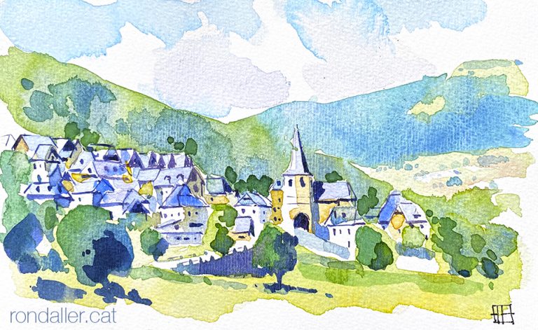 Aquarel·la amb una panoràmica de la població de Gausac a la Vall d'Aran