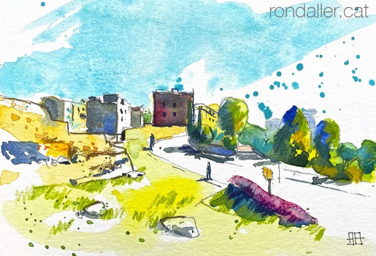 Aquarel·la amb una panoràmica de la zona arqueològica de Tarragona, amb el Castell del Rei.