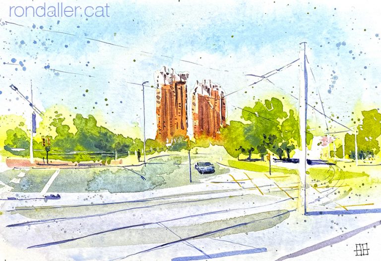 Aquarel·la amb una panoràmica dels edificis Symbol d'Esplugues de Llobregat.