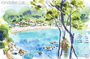 Aquarel·la amb una panoràmica de la cala i la vila de Llafranc.