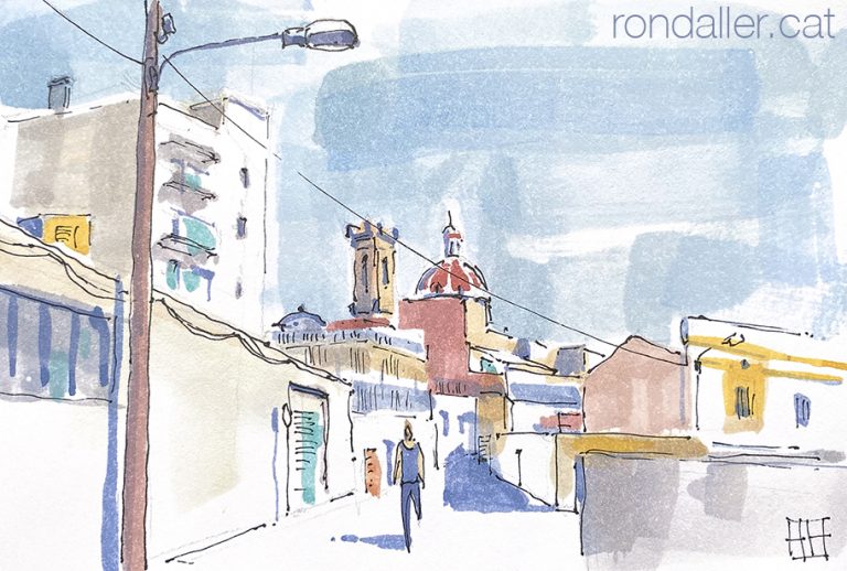 Aquarel·la del barri de Sant Andreu de Palomar amb l'església al fons.