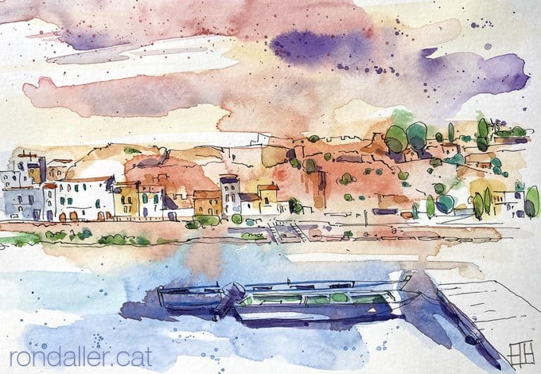 Aquarel·la amb una panoràmica de Móra d'Ebre amb el riu.