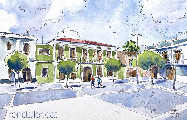 Aquarel·la amb una vista de la plaça del Poble i l'edifici del museu.