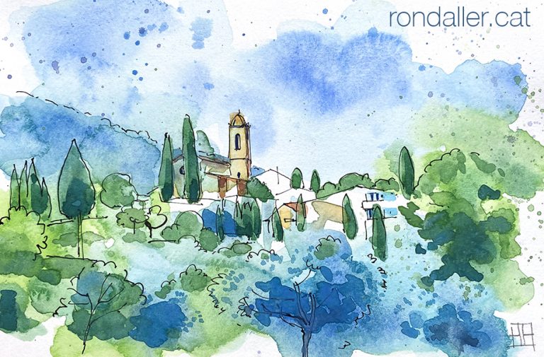 Aquarel·la amb una panoràmica del nucli antic de Samalús.