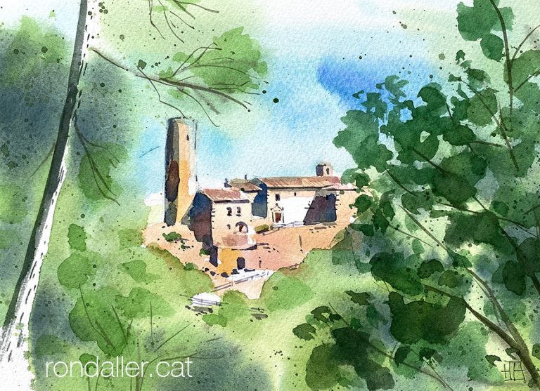 Aquarel·la amb una panoràmica del castell i l'església de Fals.