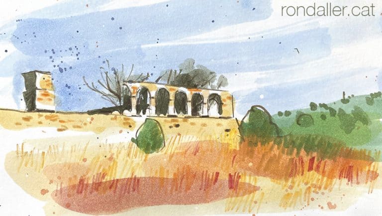 Aquarel·la amb una vista de les ruïnes de Ca l'Alemany a Badalona.