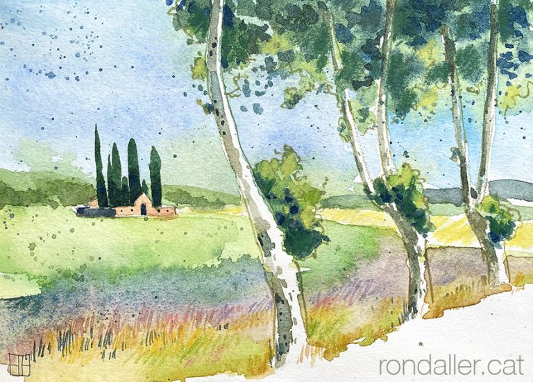 Aquarel·la amb una panoràmica del cementiri de Vilalleons.