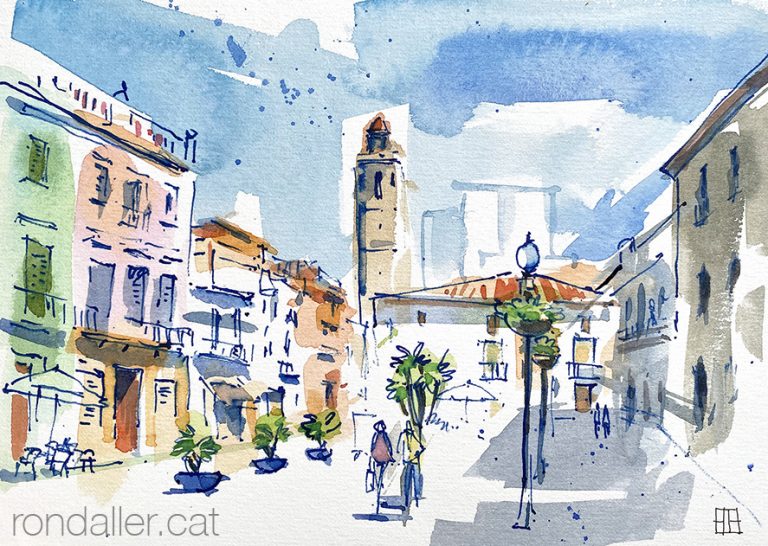 Aquarel·la de la plaça de la Constitució de Calella.