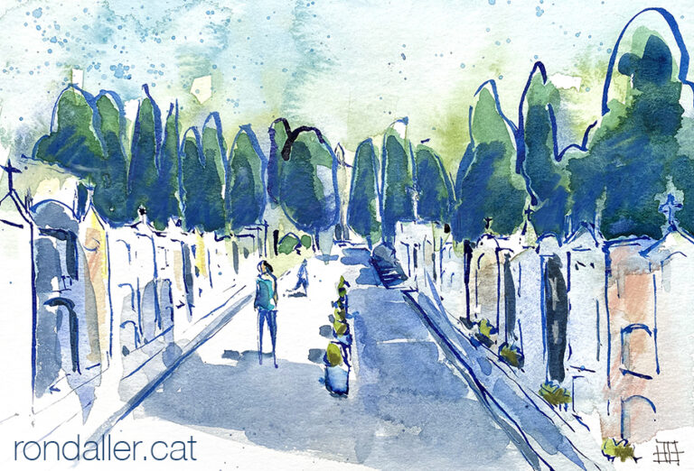 Aquarel·la amb una vista de la part antiga del recinte funerari.