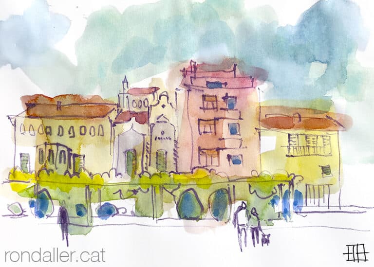 Aquarel·la amb una vista de la plaça de les Eres de Taradell.