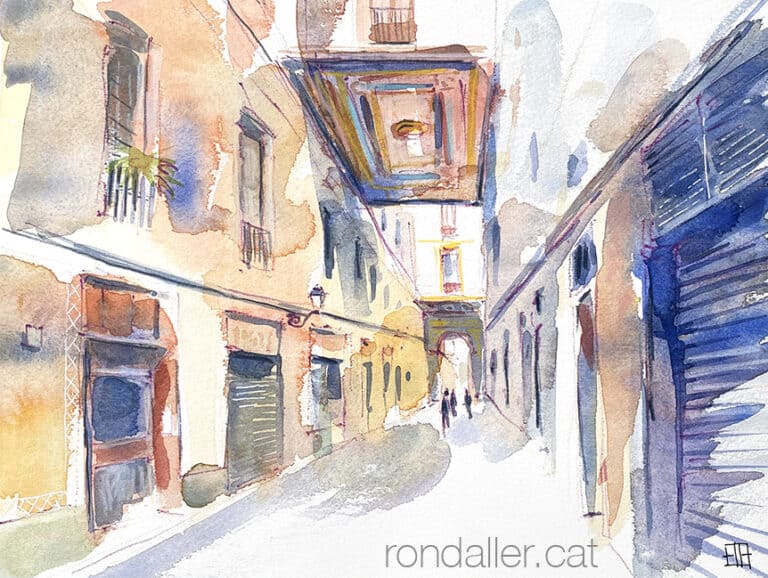 Aquarel·la amb una vista de la part coberta del carrer.