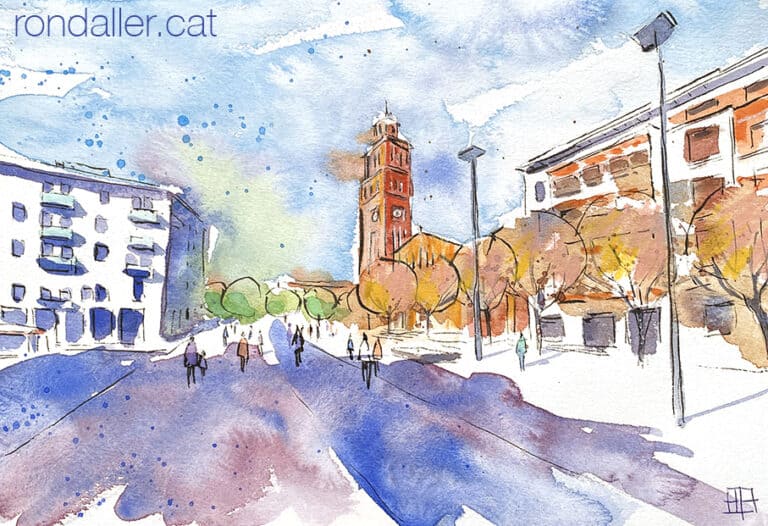 Aquarel·la amb una vista de la plaça de l'Ajuntament i de la parròquia de l'Hospitalet de Llobregat.