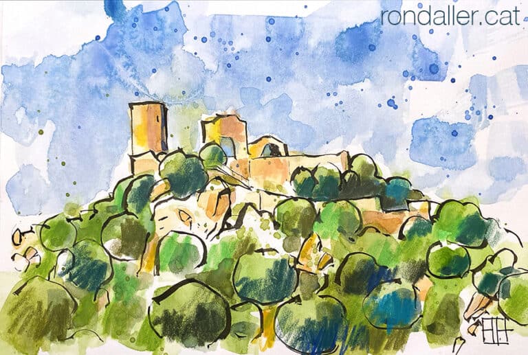 Aquarel·la amb una panoràmica de la muntanya i el castell de Burriac.