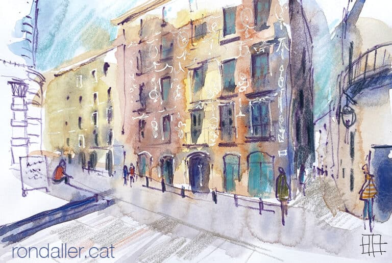 Aquarel·la amb una vista de la plaça de la Verònica de Barcelona.