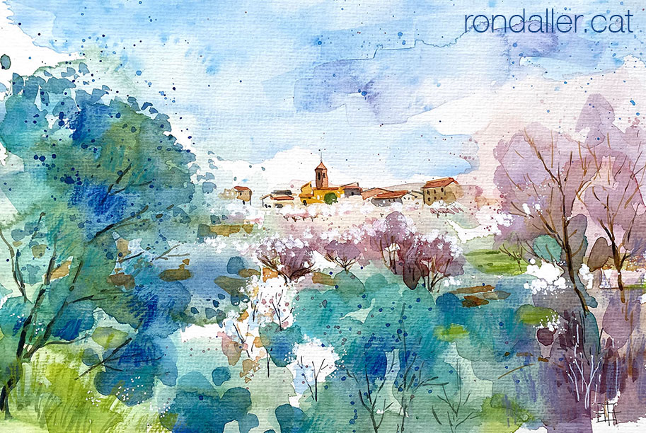 Aquarel·la amb una vista l'Ametlla de Segarra entre els camps florits.