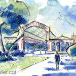 Aquarel·la amb una vista de l'hivernacle del parc de la Ciutadella de Barcelona.