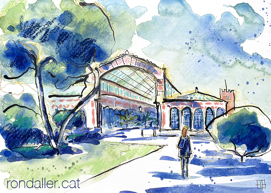 Aquarel·la amb una vista de l'hivernacle del parc de la Ciutadella de Barcelona.