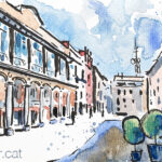 Aquarel·la amb una vista de la plaça del mercat de Barbastro.