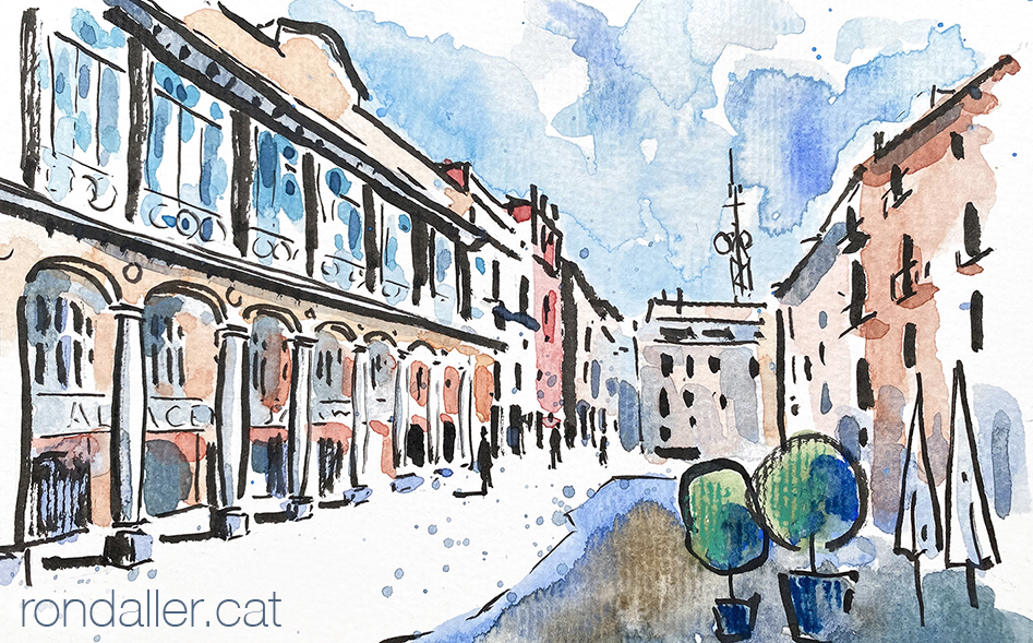 Aquarel·la amb una vista de la plaça del mercat de Barbastro.