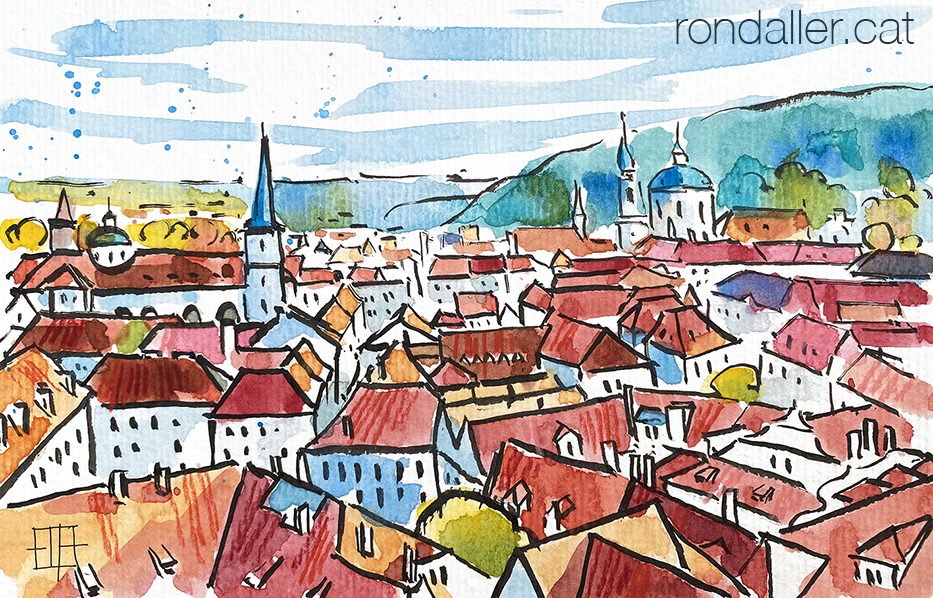 Aquarel·la amb una panoràmica de les teulades de Praga.