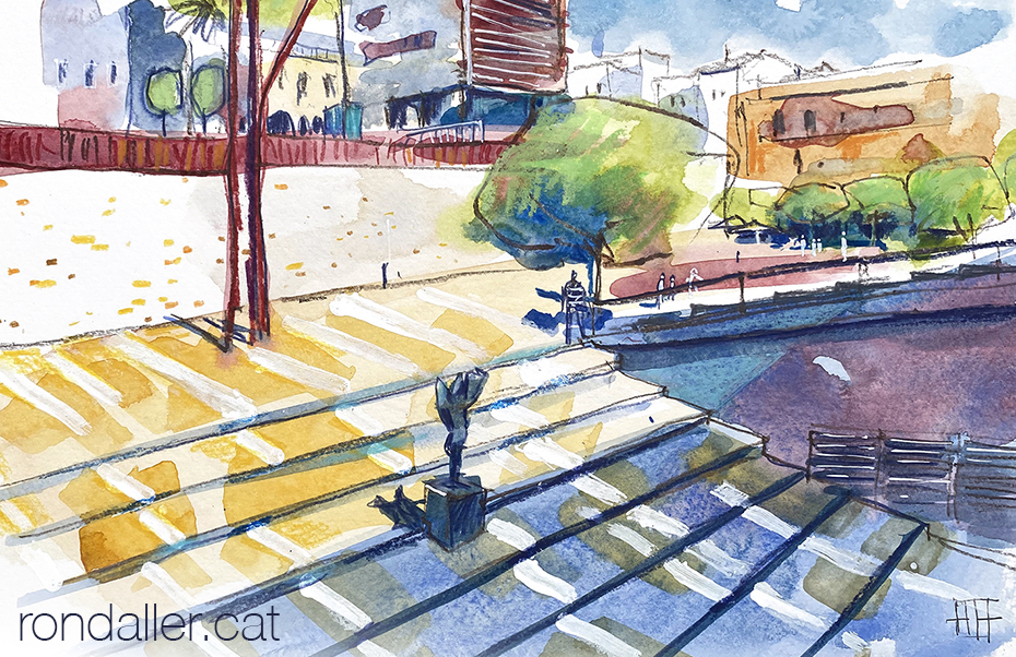 Aquarel·la amb una vista de la plaça de la Muralla de Mataró.