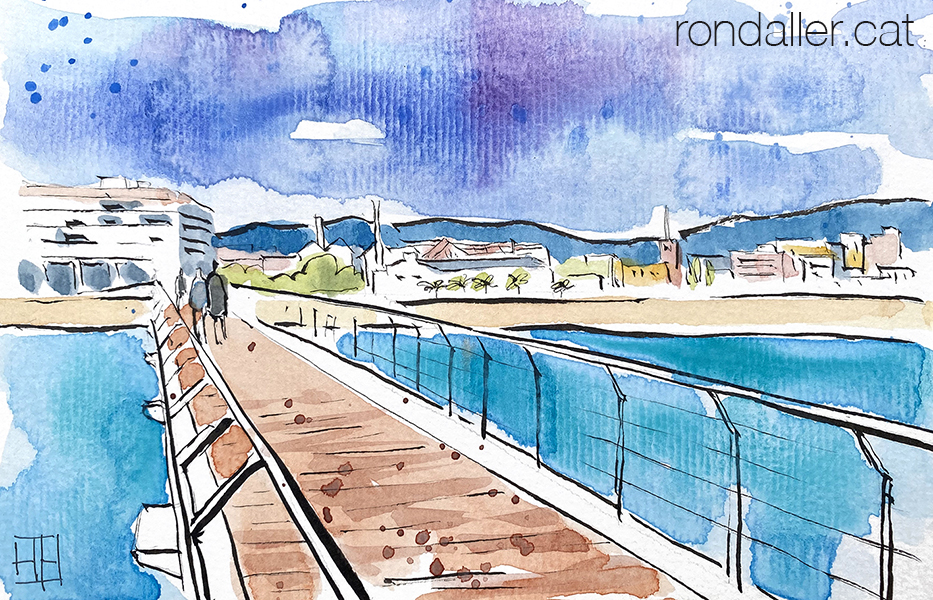 Aquarel·la amb una vista de Badalona des del Pont del Petroli.