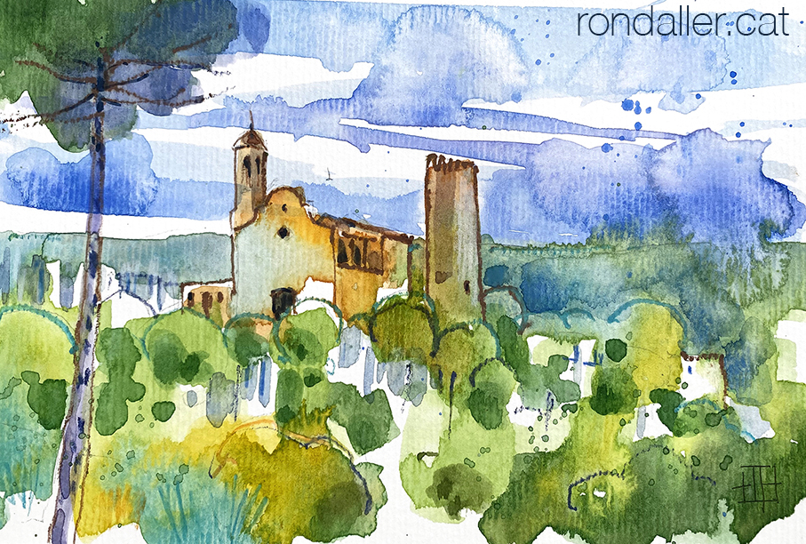 Aquarel·la amb una vista del castell i l'església de Santa Perpètua de Gaià.