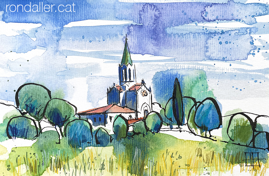 Aquarel·la amb una vista del santuari de Puig-agut de Manlleu.