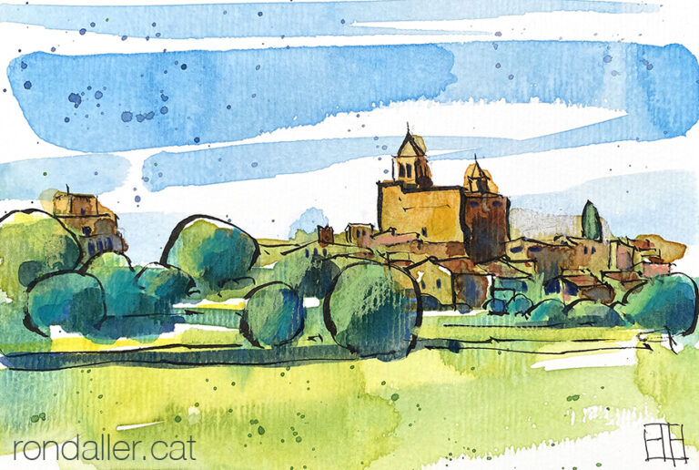 Aquarel·la amb una panoràmica de Madremanya, població del Gironès.