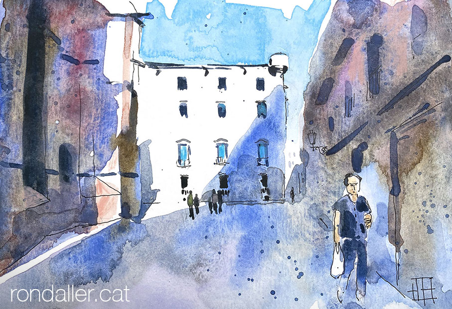 Aquarel·la amb una vista del carreer de la Pietat al Barri Gòtic de Barcelona.