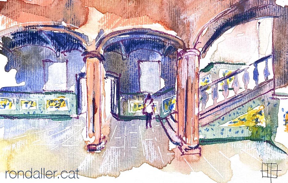 Aquarel·la amb una vista del claustre de la Casa de l'Ardiaca de Barcelona.