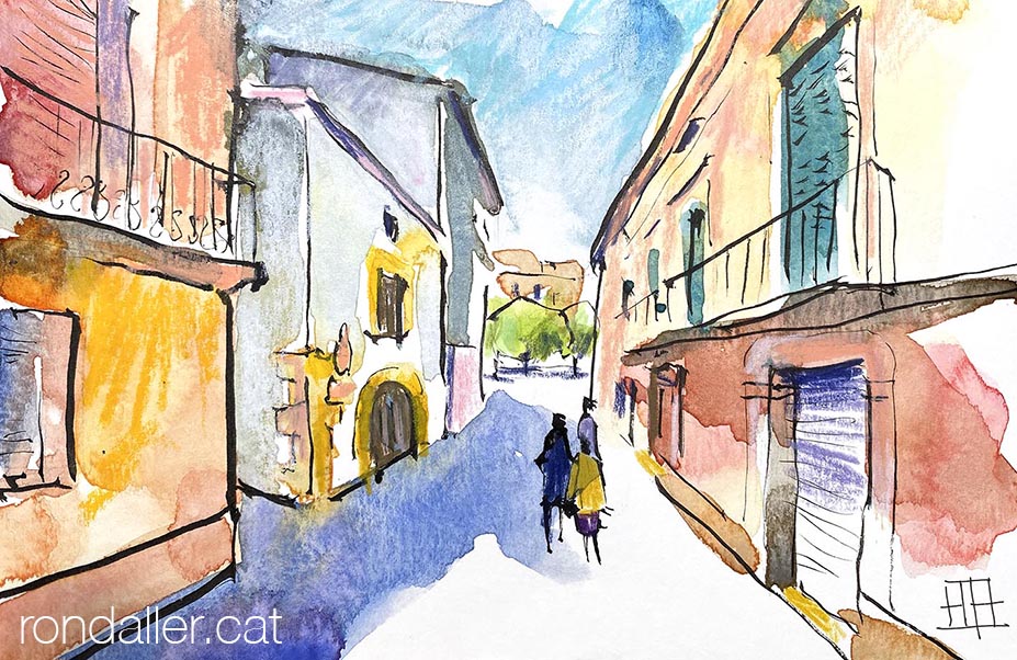 Aquarel·la amb una vista del carrer Major de l'Arboç.