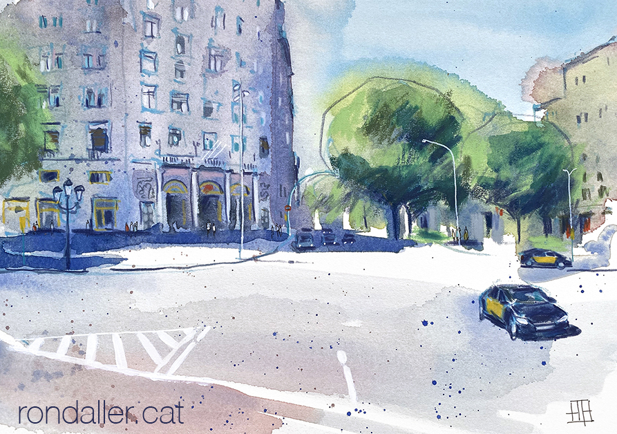 Aquarel·la amb una vista de la cruilla entre la Gran Via i el passeig de Gràcia.