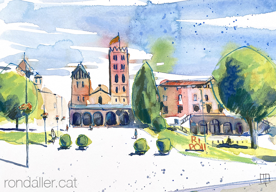 Aquarel·la amb una vista del monestir de Santa Maria de Ripoll.