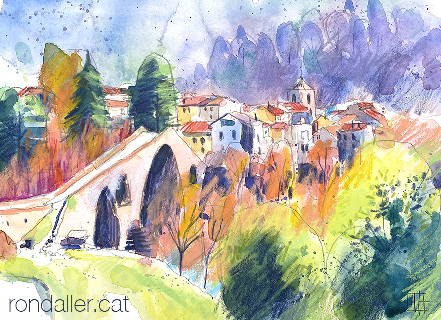 Aquarel·la amb una panoràmica de la població amb el pont en primer terme.