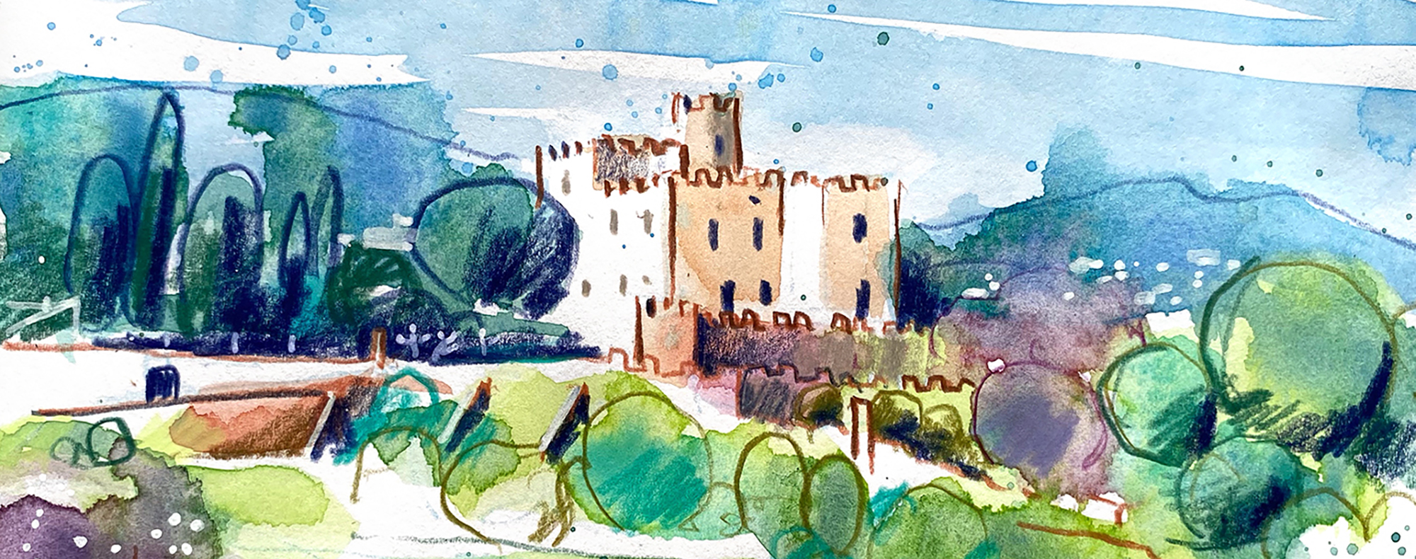 Aquarel·la amb una vista del castell de Vilassar de Dalt.