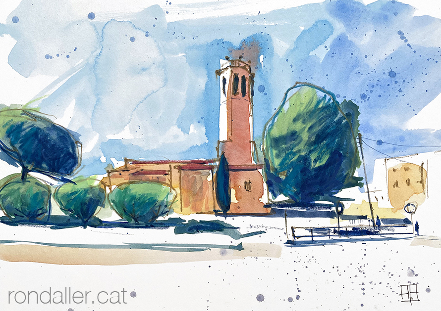 Aquarel·la amb una vista de l'església de Santa Maria de Pineda de Mar.