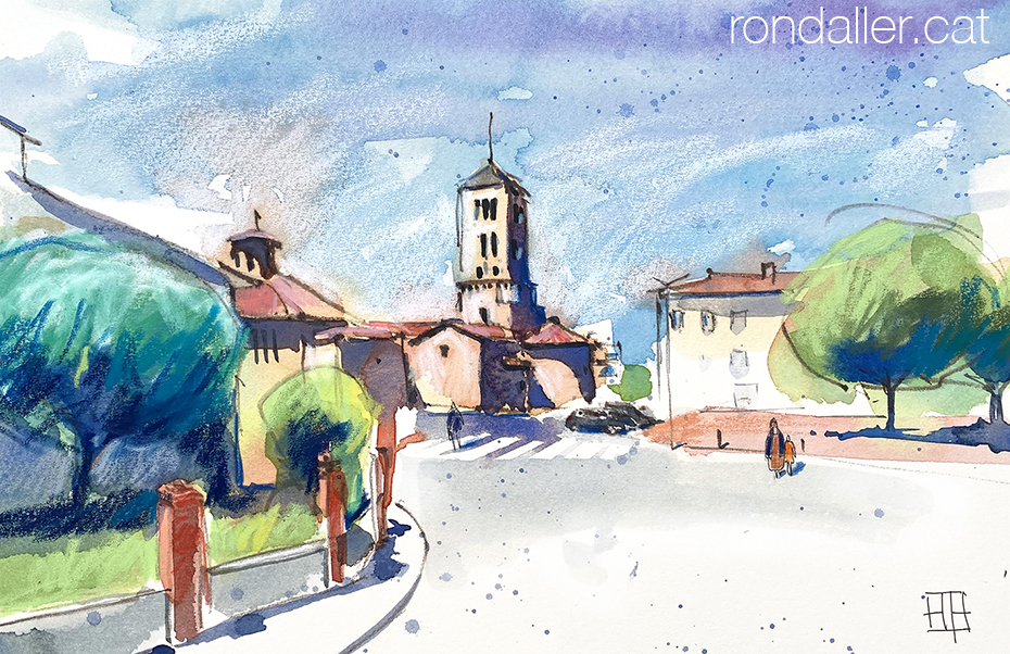 Aquarel·la amb una vista de l'església de Santa Eugènia de Berga.